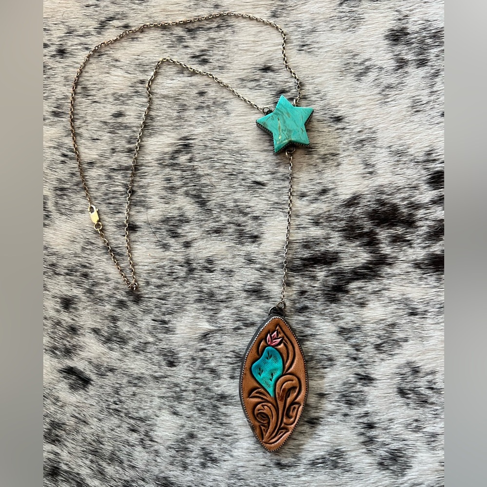 Real Turquoise Star and Tooled Leather Cactus Necklace